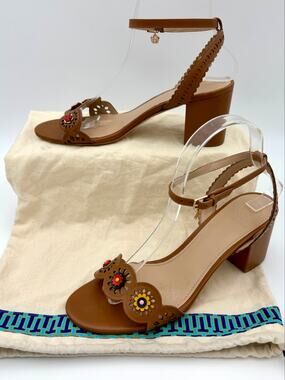 Tory Burch Marguerite Beaded Sandals Brown Leather Multi Size 7.5 Ankle Strap